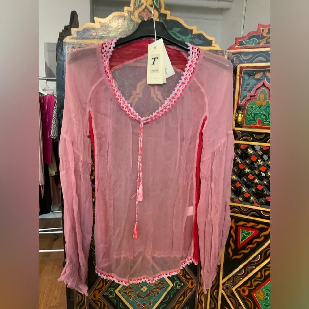Sheer Pink silk  Tunic with Crochet Trim